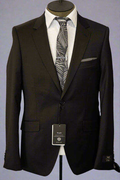 Horst black tailored suit displayed on a mannequin with a white dress shirt and black and silver tie in Ultimo Euromoda store.