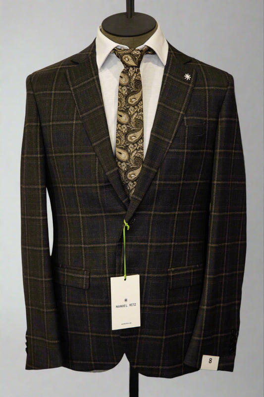 Manuel Ritz brown windowpane suit with a brown tonal paisley tie in Ultimo Euromoda store.